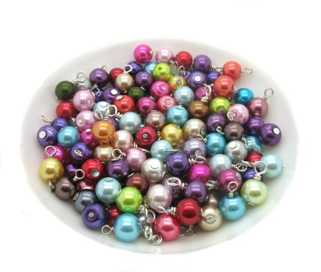 100 Glass Pearl Bead Charms, Multicolored Bulk Dangles, 8mm Pearl Beads, Adorabilities